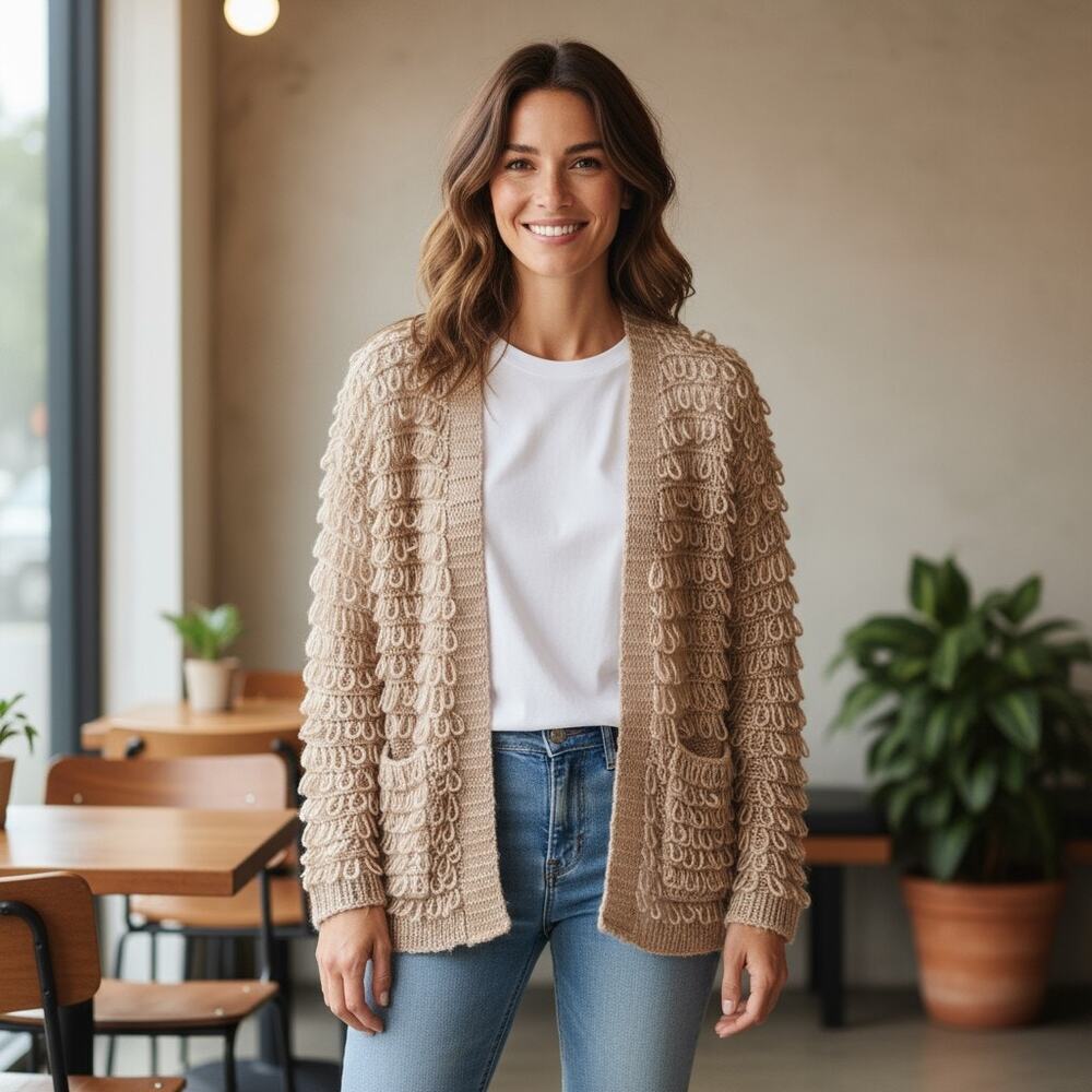 The Great. The Short Monster Loop Knit Cardigan Sweater Open Front TanAIAI
